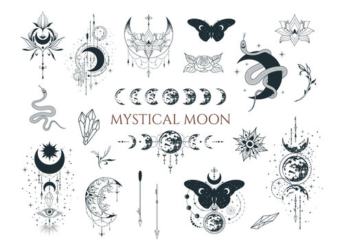 Mystical moon collection. Spiritual tattoo. Celestial prints.