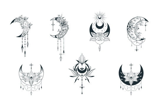 Mystical floral moon collection. Spiritual tattoo. Celestial lotus prints.