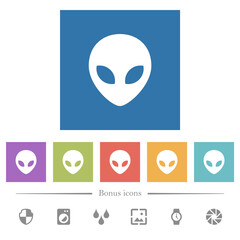 Alien head flat white icons in square backgrounds