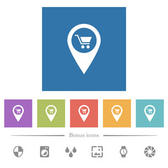 Department store GPS map location flat white icons in square backgrounds
