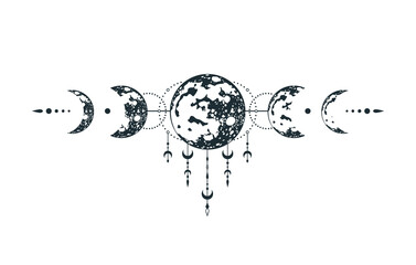 Celestial moon illustration. Mystical lunar phase tattoo. Spiritual space print.