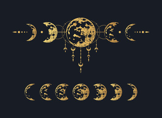 Golden Celestial moon print. Mystical gold lunar phase tattoo. Spiritual space illustration.