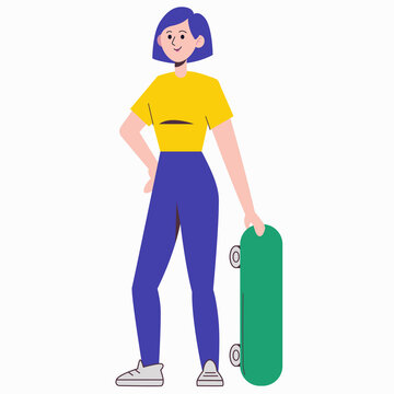 Cute girl with a skateboard. Flat illustration