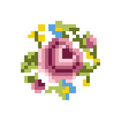 flower cross stitch pattern. Pixel rose flower image. Vector illustration.