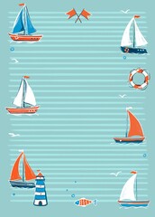 Vertical banner. An illustration on a nautical theme. White sailboat on a strip of water with marine fauna.
