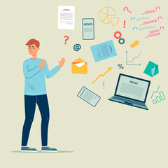 Fototapeta premium Unpleased man tired of disturbing news flow, flat vector illustration on grey.