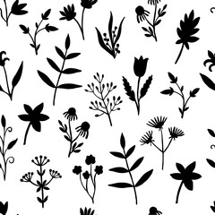 Obraz premium Seamless pattern of wild herbs and plants isolated on white background. The botanical elements are hand drawn in black ink. Flowers, leaves, twigs, buds. Design for fabric, textile, print.