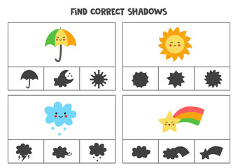 Find correct shadow of cute kawaii weather events. Printable clip card games for children.