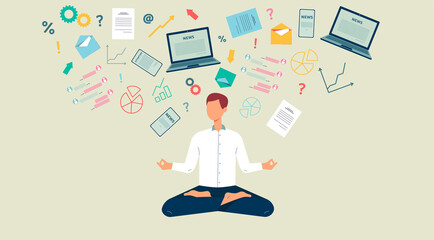 Businessman meditating to distract from information flow, vector illustration.