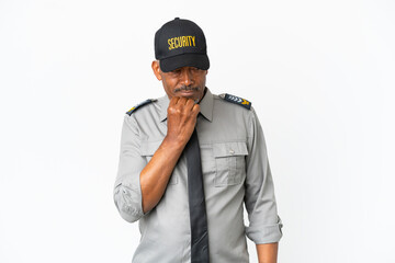 Senior staff man isolated on white background having doubts