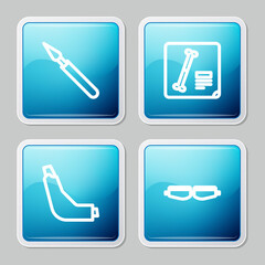 Set line Medical surgery scalpel, X-ray shots, Inhaler and Safety goggle glasses icon. Vector