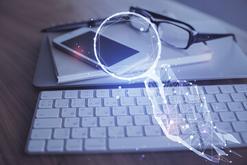 Double exposure of creative drawing over cell phone background. Concept of start up