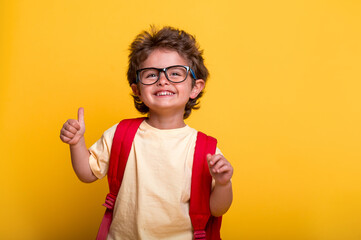 Beautiful little kid boy with backpack isolated on yellow background. Ready to go back to school....