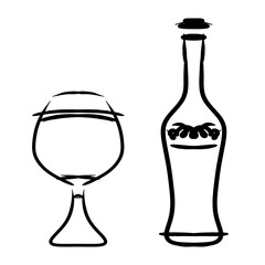 Black beer icon, glass and bottle. Hand drawing illustration, isolated, white background.