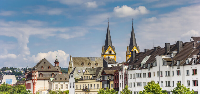 Church towers over the skyline of Koblenz, Germany