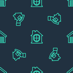 Set line House under protection, Realtor and Garage on seamless pattern. Vector