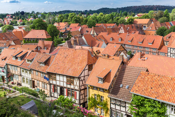 Fototapeta na wymiar View over historic houses in the old town of Quedlinburg, Germany