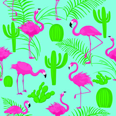 Naklejka premium Pink birds flamingos with different cacti and exotic foliage isolated on blue background. Seamless pattern.