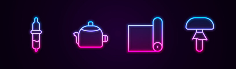 Set line Pipette, Kettle with handle, Fitness mat roll and Mushroom. Glowing neon icon. Vector