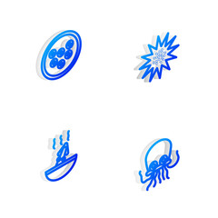 Set Isometric line Sea urchin, Caviar on plate, Soup with octopus and Octopus icon. Vector