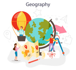 Geography class concept set. Studying the lands, features, inhabitants
