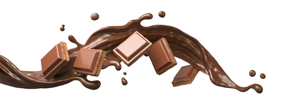 dark chocolate bar with chocolate cream splashing, 3d illustration.