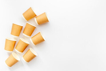 Paper take away coffee cups flat lay. Top view