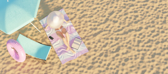 woman on a towel on the sand of the beach with hammock and parasol