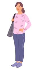 Stylish little girl in a pink sweater.Adult girl goes shopping with eco bag.Simple Hand drawn illustration.
