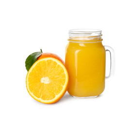 Orange juice and fresh fruits on white background