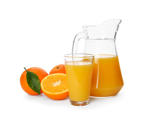 Naklejka na ściany i meble Orange juice and fresh fruits on white background