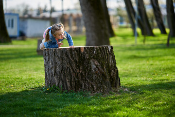 Little girl sitting on a stump in the park