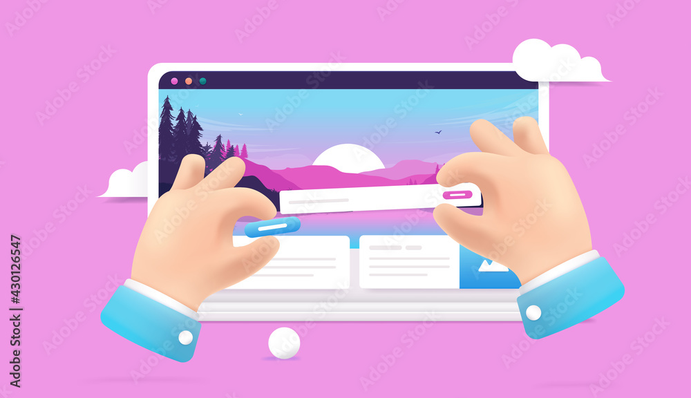 Poster Web designer - Hands designing user website on laptop screen, moving UI elements around. Web design concept, 3d vector illustration.
