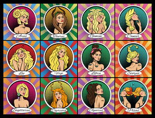 Zodiac signs, women, horoscope. Line art, ideal for poster, print, postcard, colouring book.