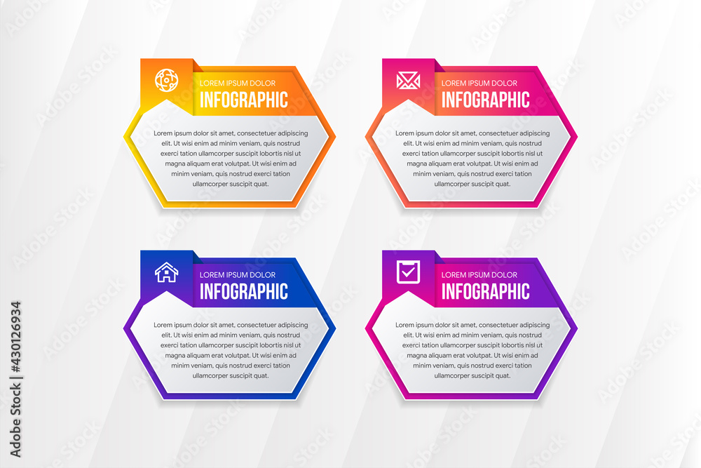 Poster business process with gradient color variations. timeline with 4 options. horizontal hexagons shape 