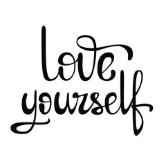 Love yourself. Lettering in black letters on a white background. Text, inscription.