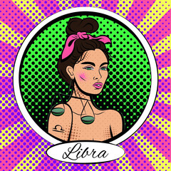 Zodiac sign Libra woman. Pop art vector illustration. Line art, ideal for poster, print, postcard, colouring book.