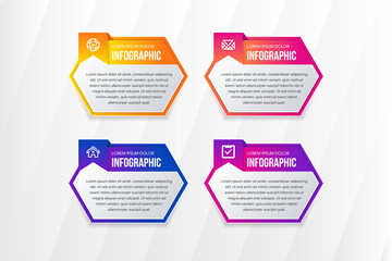 Business process with gradient color variations. Timeline with 4 options. horizontal hexagons shape for main layout, place for text. Vector template with paper cut element. 