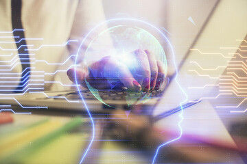 Fototapeta na wymiar Multi exposure of woman hands working on computer and human brain hologram drawing. Ai tech concept.