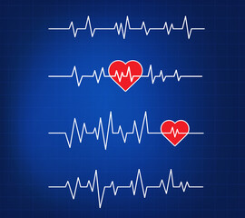 Heartbeat EKG lines isolated on blue background. Pulse Rate Monitor. Blue electrocardiogram. Design elements. Vector illustration.