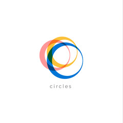Multicolored rings vector logo concept. Auto wheels bicycle tires isolated icon on white background. Circles abstract logo template.