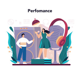 Singer concept. Performer singing with microphone on stage. Music show