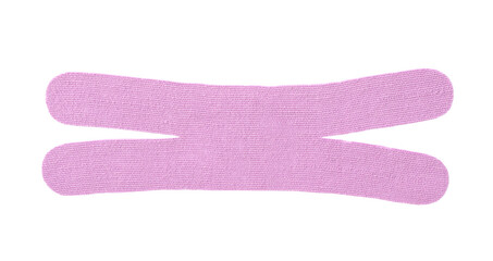Violet kinesio tape piece on white background, top view