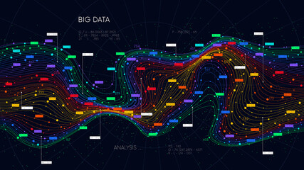 Information sorting and storage business technology, futuristic visualization of big data digital stream, color structure of neural network