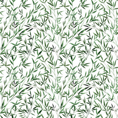 Seamless pattern with green bamboo leaves on a white background. Watercolor