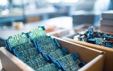 Close-up electric green embedded microcircuits in production