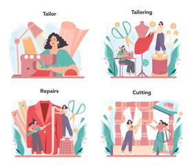 Tailor concept set. Fashion designer sewing or fitting clothes. Dressmaker