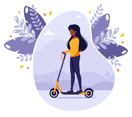 Black woman riding electric kick scooter. Modern Eco transport. Vector illustration