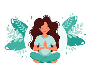 Woman meditating in lotus pose. Healthy lifestyle, yoga, meditation, recreation concept. Vector illustration