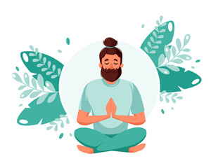 Fototapeta na wymiar Man meditating in lotus pose. Healthy lifestyle, yoga, meditation, recreation concept. Vector illustration